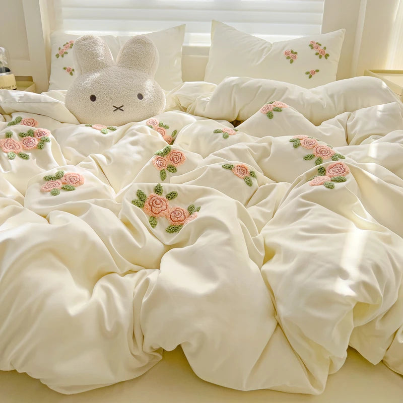 Floral Embroidered Soft Bedding Set with Duvet Cover The Happy Ladies