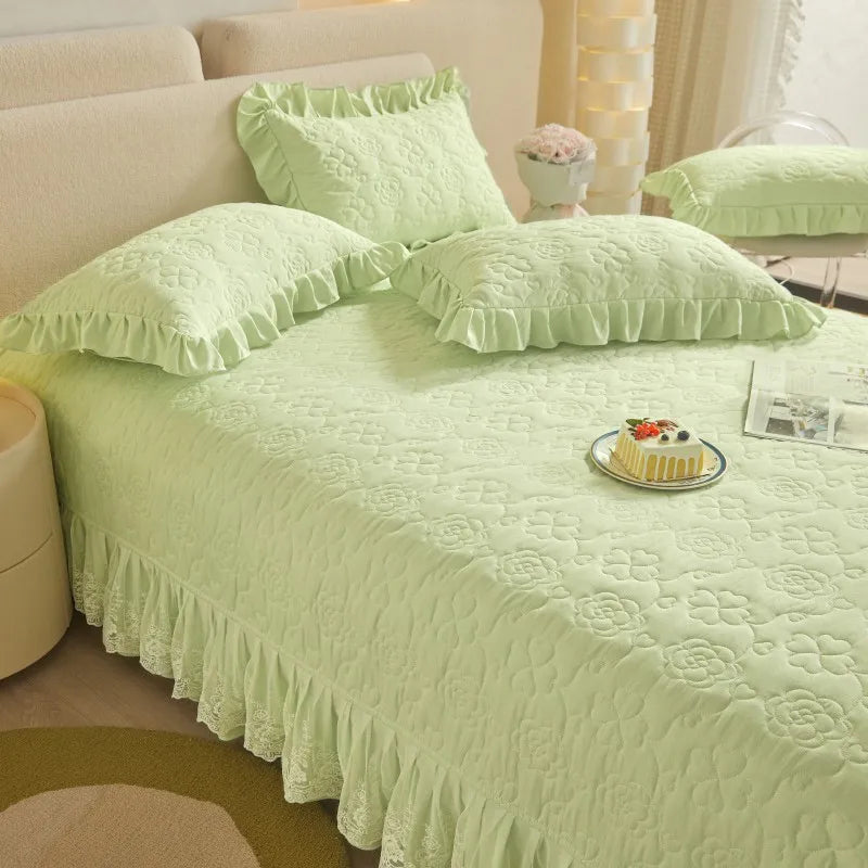 THL1078 Floral Embossed Lace Coverlet Bedspread Solid Bedding Set (B)