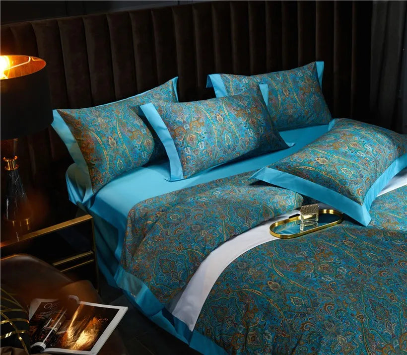 THL1042 Juego de funda nórdica estilo bohemio vintage, ropa de cama suave de algodón egipcio de lujo con sábanas elegantes