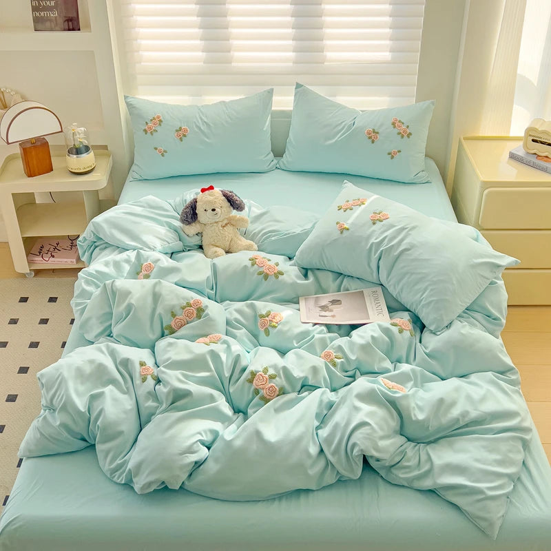 Floral Embroidered Soft Bedding Set with Duvet Cover The Happy Ladies