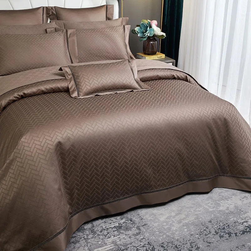 THL1056 Juego de cama de algodón egipcio suave y sedoso con diseño de ondas en jacquard, con textura bohemia y elegancia para una comodidad máxima