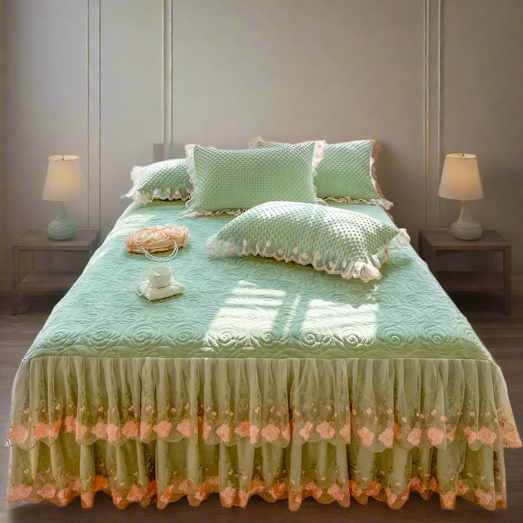 400TC Lace Embroidery Ruffled Bed Skirt Set - Green