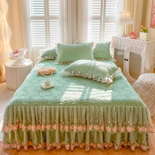 THL1167 Elegant Embroidery Lace Floral Ruffled Bed Skirt (E)
