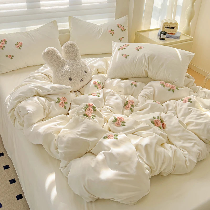 Floral Embroidered Soft Bedding Set with Duvet Cover The Happy Ladies