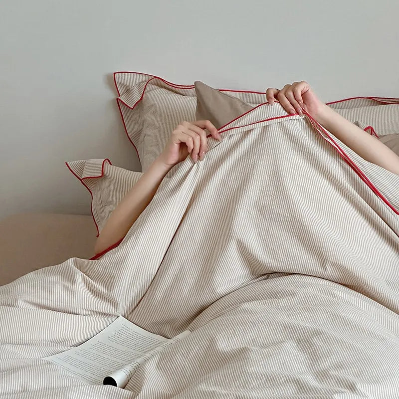 400TC Washed Cotton Pinstripe Duvet Cover Bedding Set 4Pcs - Beige