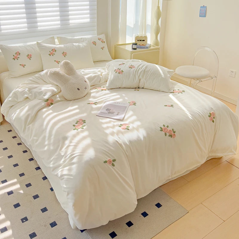 Floral Embroidered Soft Bedding Set with Duvet Cover The Happy Ladies
