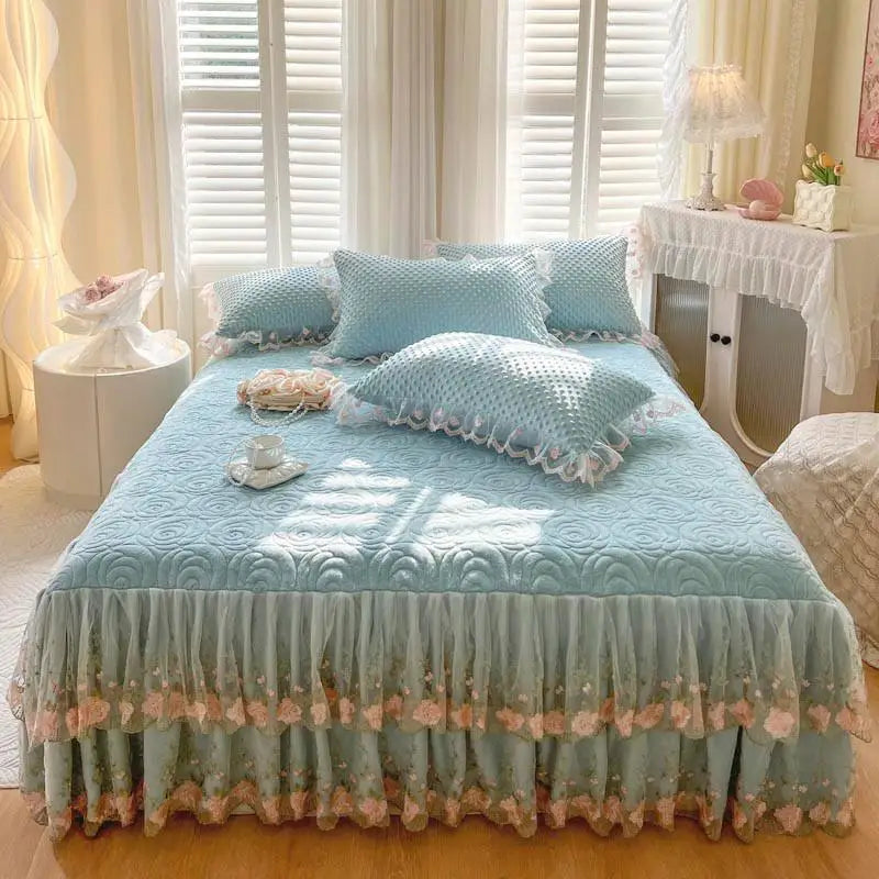 400TC Lace Embroidery Ruffled Bed Skirt Set - Blue