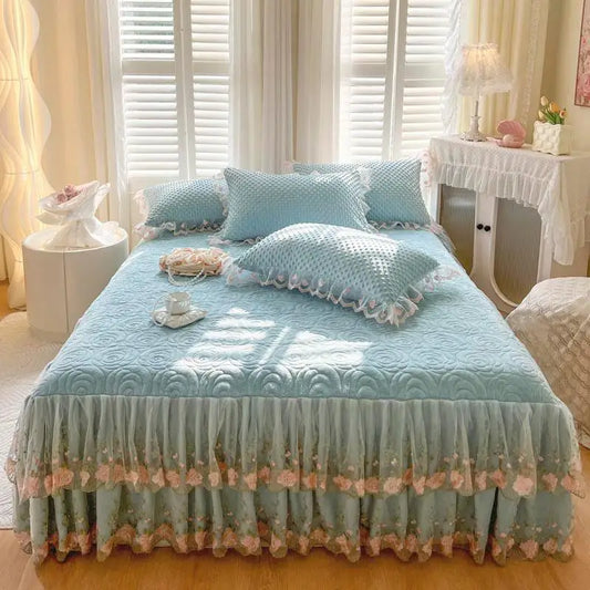 THL1167 Elegant Embroidery Lace Floral Ruffled Bed Skirt (D)