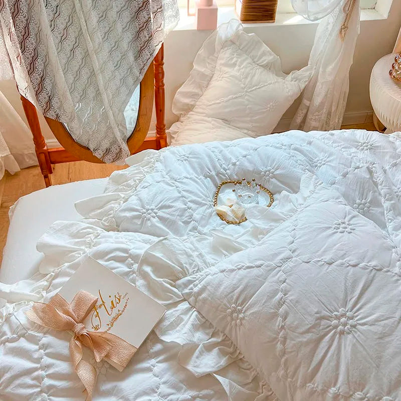 THL1032 Pleated Textured Duvet Cover set 100%Washed Cotton Pintuck White Comforter (A)