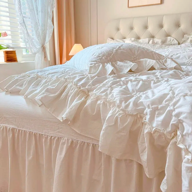 THL1032 Pleated Textured Duvet Cover set 100%Washed Cotton Pintuck White Comforter (A)