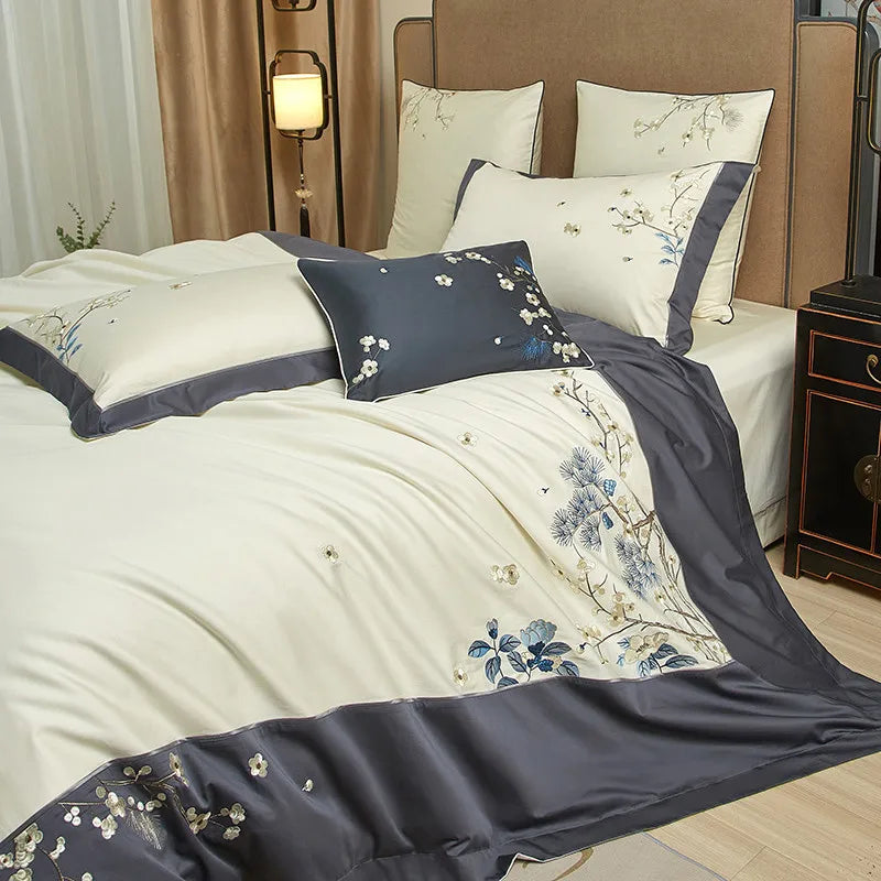 Parure de lit en coton égyptien THL1132 avec housse de couette et broderie classique orientale et patchwork