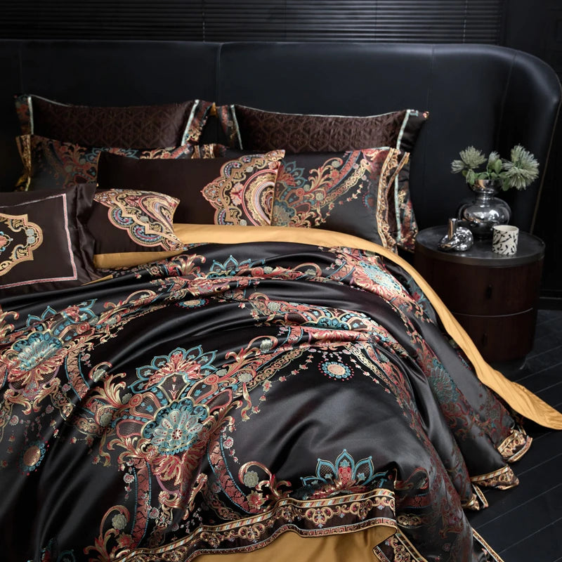 800TC Royal Black Jacquard Embroidered Bedding Set