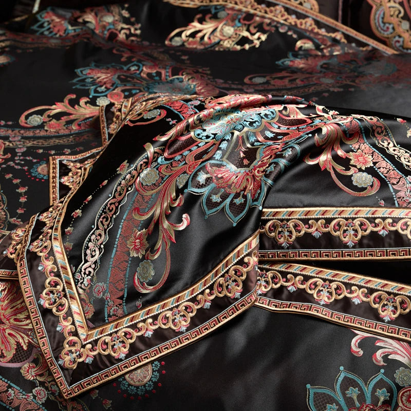 800TC Royal Black Jacquard Embroidered Bedding Set