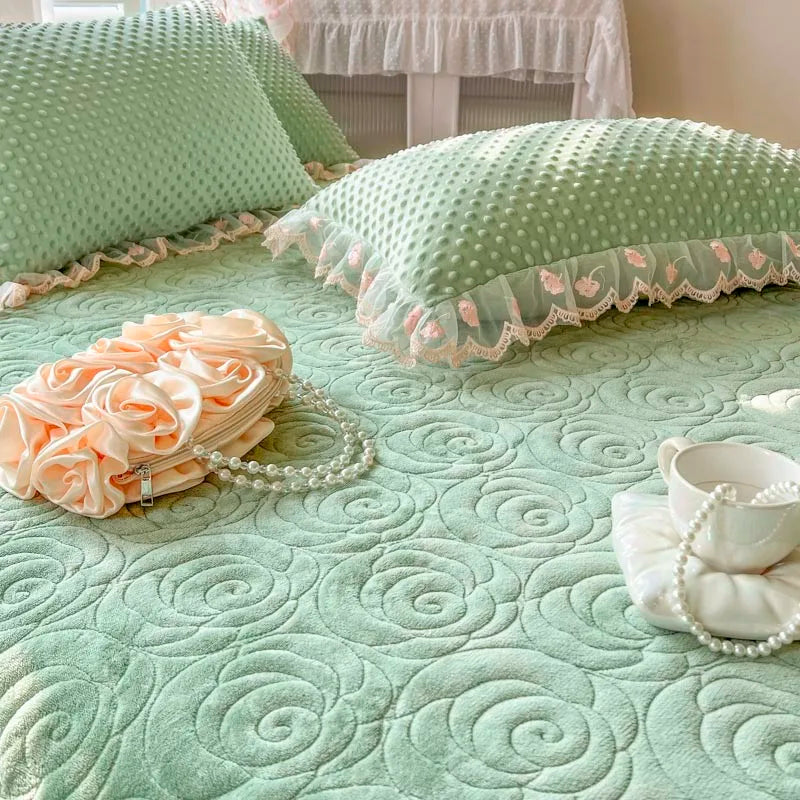 400TC Lace Embroidery Ruffled Bed Skirt Set - Green