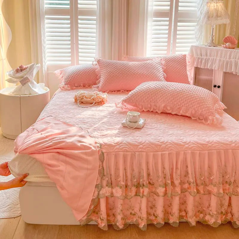 400TC Lace Embroidery Ruffled Bed Skirt Set - Pink