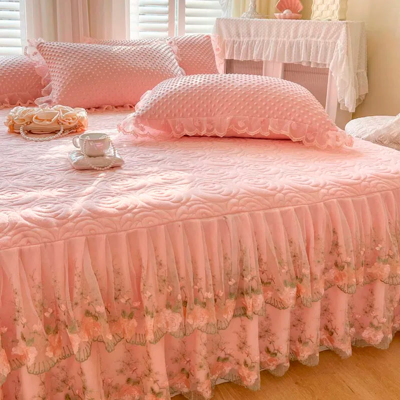 400TC Lace Embroidery Ruffled Bed Skirt Set - Pink