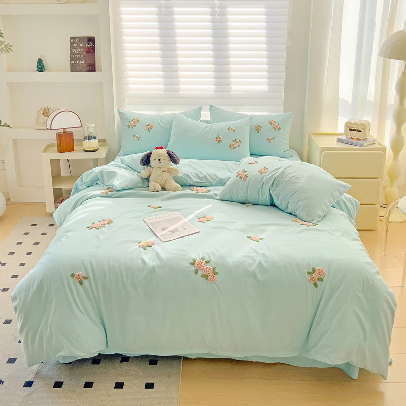 Floral Embroidered Soft Bedding Set with Duvet Cover The Happy Ladies