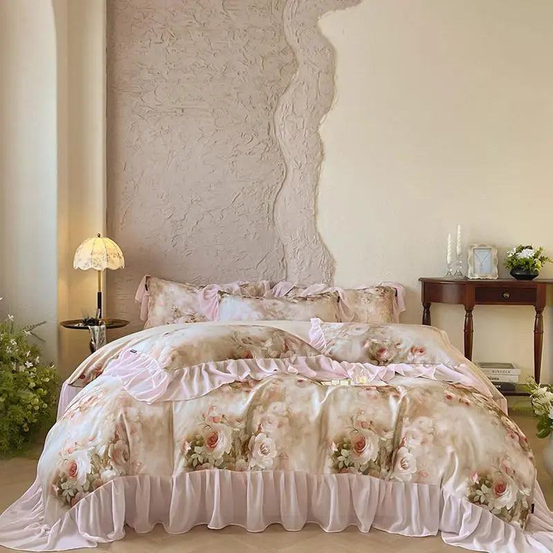 French Romantic 600TC Cotton Floral Bedding Set - Pink