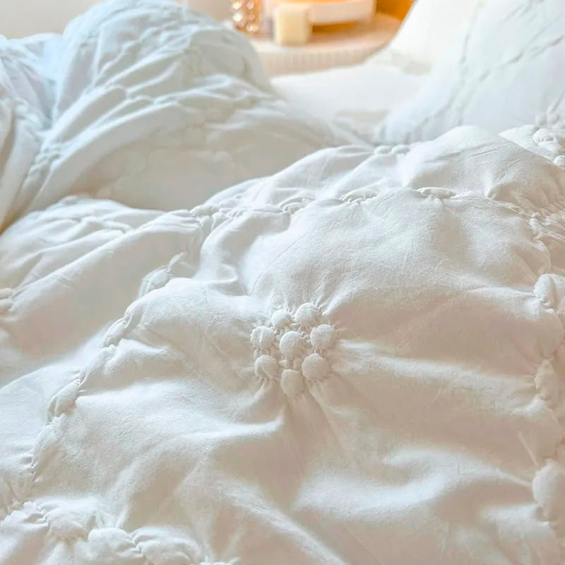 THL1032 Pleated Textured Duvet Cover set 100%Washed Cotton Pintuck White Comforter (A)