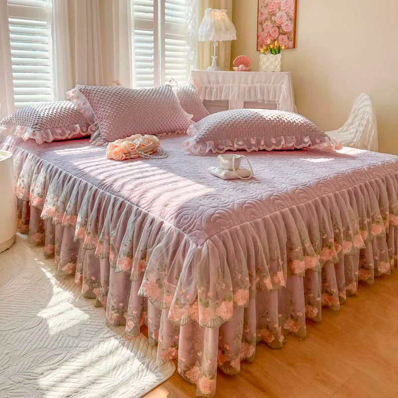 400TC Lace Embroidery Ruffled Bed Skirt Set - Dusty Pink