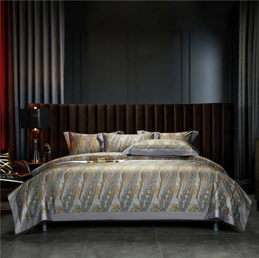 THL1042 Juego de funda nórdica estilo bohemio vintage, ropa de cama suave de algodón egipcio de lujo con sábanas elegantes