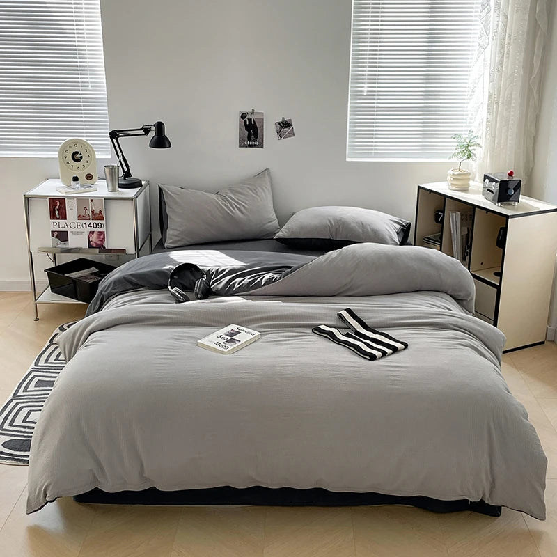 Seersucker 3-Piece Duvet Cover Set  Microfiber - Light Grey