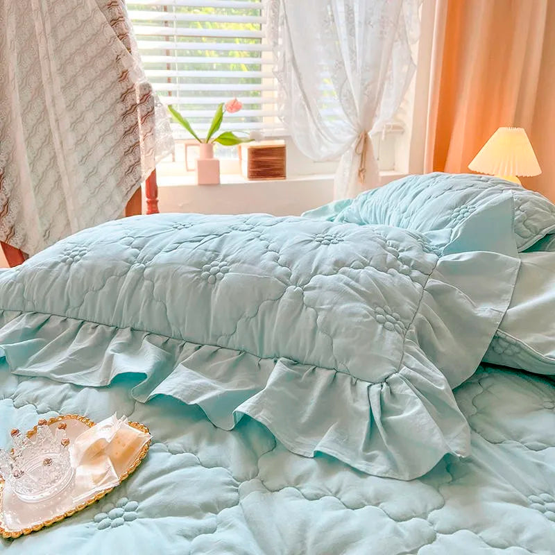 THL1032 Pleated Textured Duvet Cover set 100%Washed Cotton Pintuck White Comforter (C)