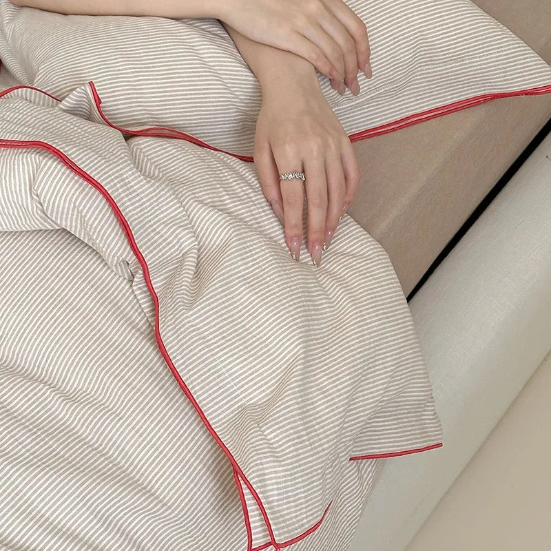 400TC Washed Cotton Pinstripe Duvet Cover Bedding Set 4Pcs - Beige