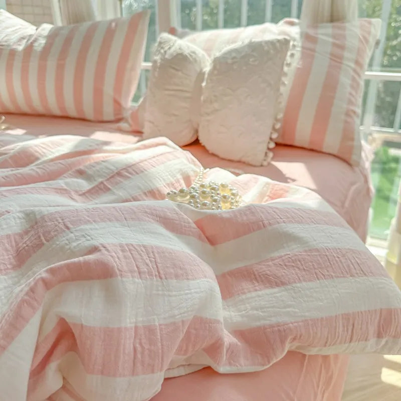 Silk bedding  Lightweight  Luxury Striped Bedding Set - Pink