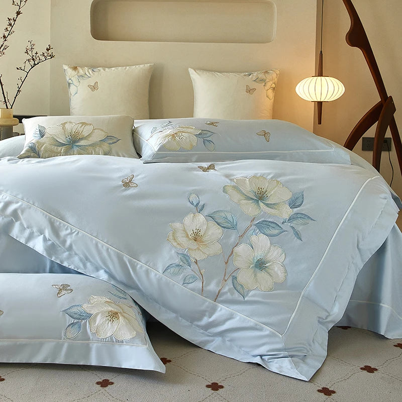 Sky Blue Floral Embroidery 600TC Cotton Duvet Cover Set in Queen King and Double size bedding set.