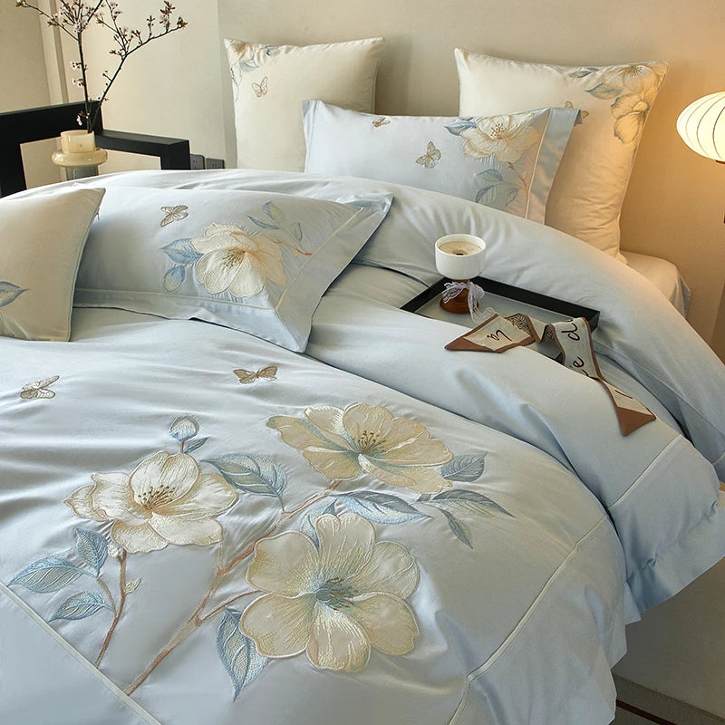 Sky Blue Floral Embroidery 600TC Cotton Duvet Cover Set includes flat or fitted sheets