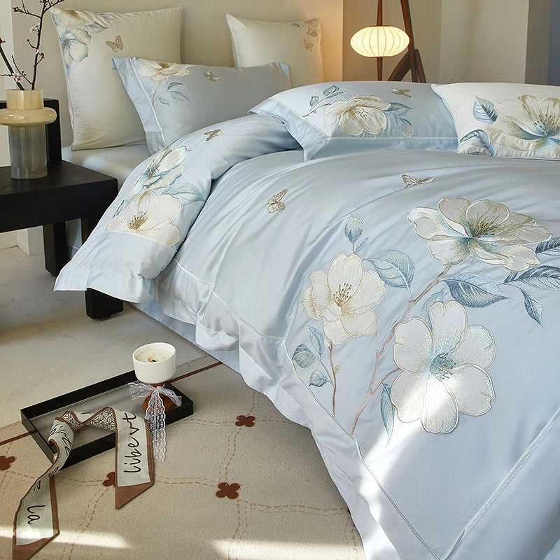 Sky Blue Floral Embroidery 600TC Cotton Duvet Cover Set includes sheets, duvet cover and pillowcases