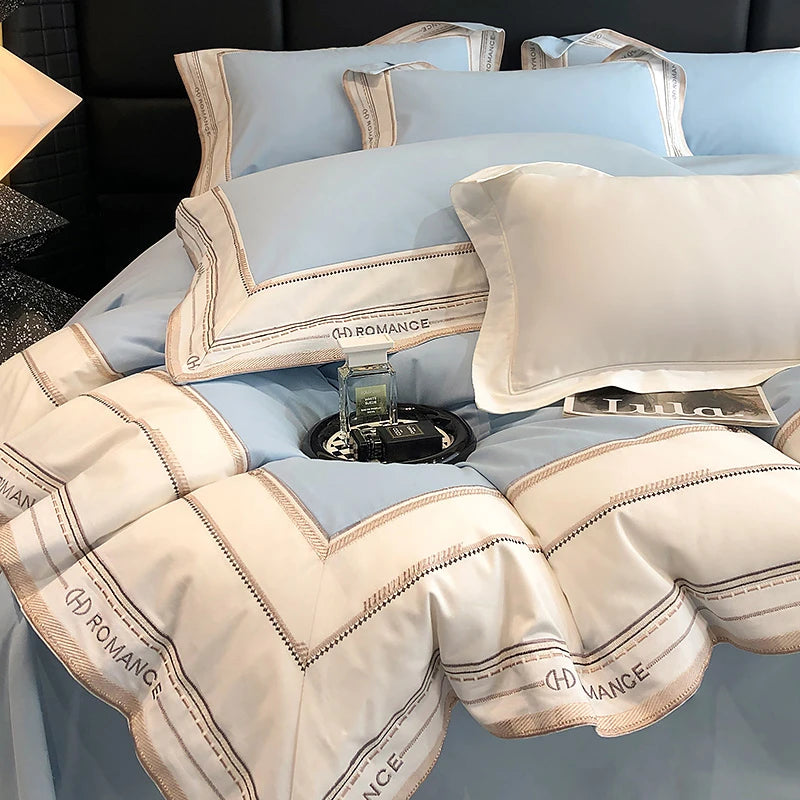 Sky color King size 1000TC Brushed Cotton Frame Duvet Cover Set