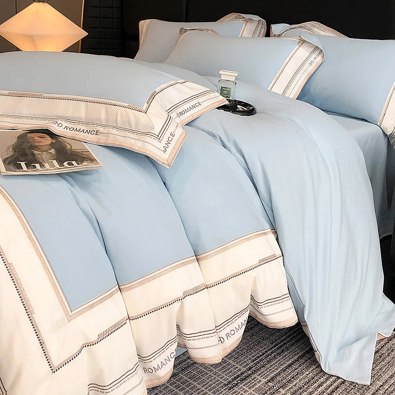 Sky color Queen size 1000TC Brushed Cotton Frame Duvet Cover Set