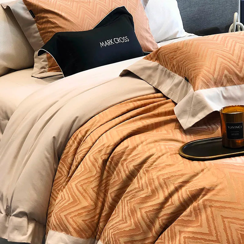 Tan color zig zag print Luxury Ripple Velvet Fluffy Bedding Set 4Pcs includes sheet, duvet cover and pillowcases