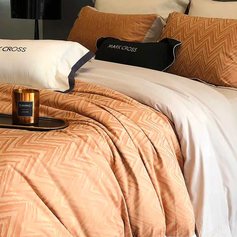 Tan color zig zag print Luxury Ripple Velvet Fluffy Duvet Cover Bedding Set 4Pcs