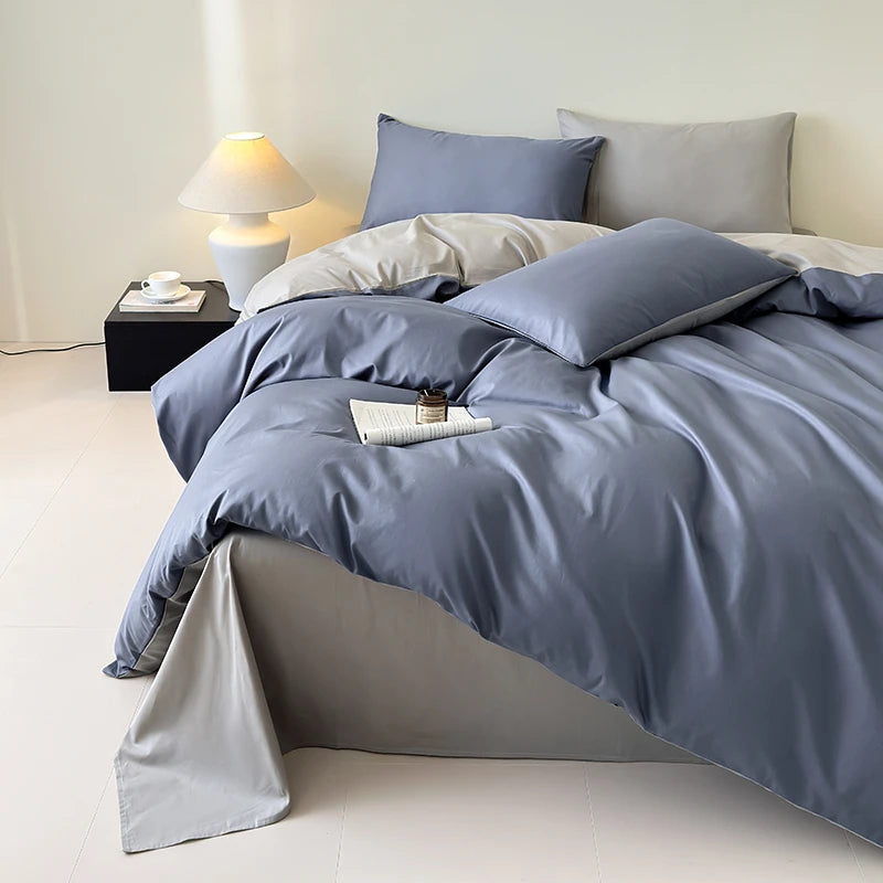Twin size 400TC Reversible 100% Cotton  Soft Duvet & Sheet Set Dark Blue & Gray Bedding Set