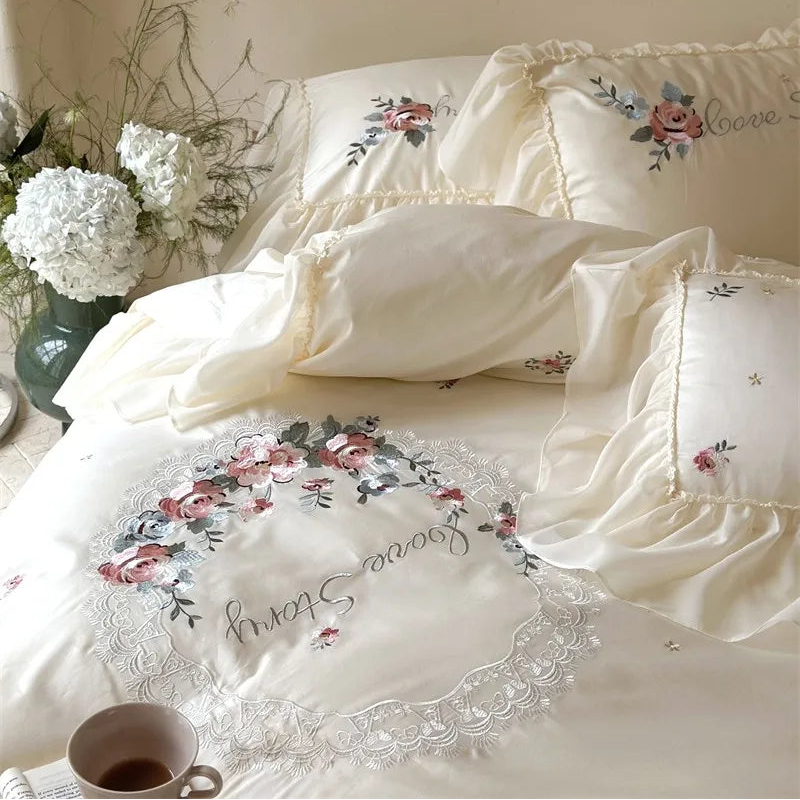 White 600TC Egyptian Cotton Floral Embroidered Duvet Cover Set at The Happy Ladies 