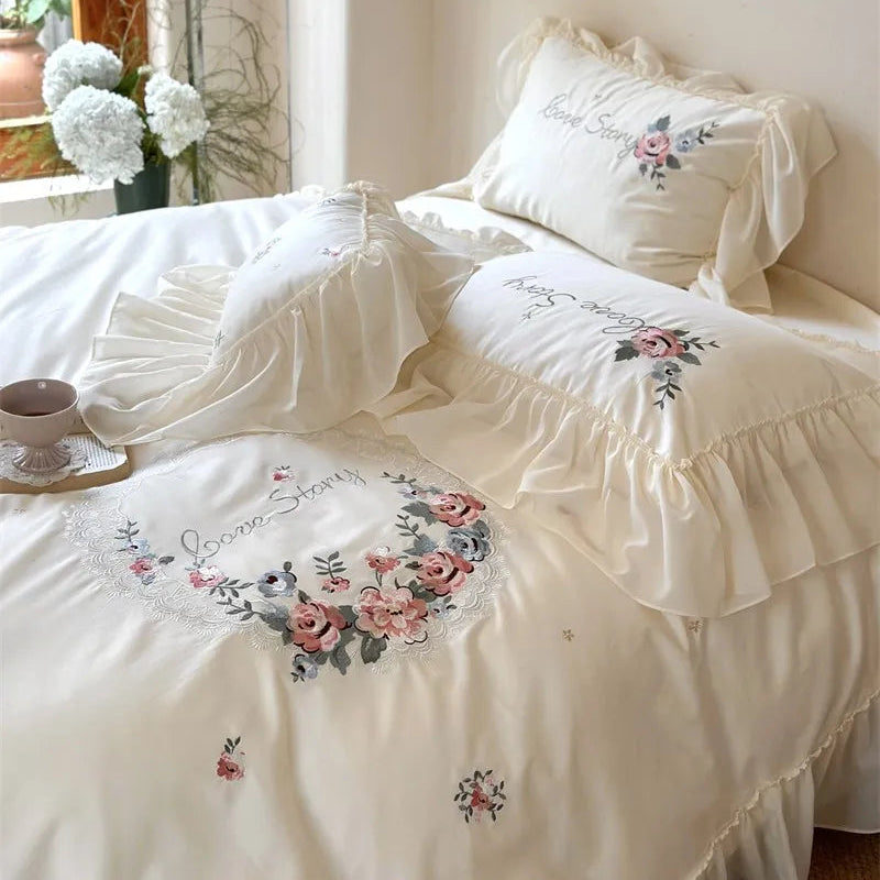 White 600TC Egyptian Cotton Floral Embroidered Ruffled Bedding Set 