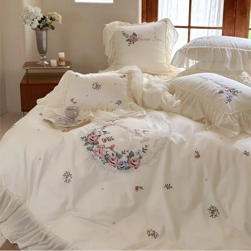 White 600TC Egyptian Cotton Floral Ruffled Frill Embroidered bedding set with flat or fitted sheets