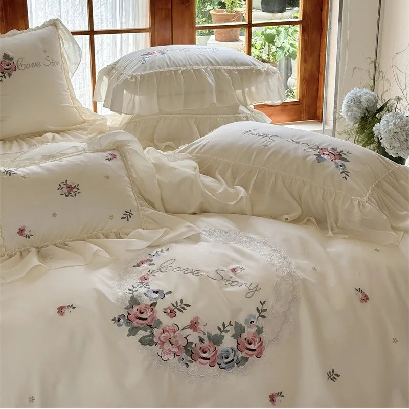 White 600TC Egyptian Cotton Floral Ruffled Frill Embroidered bedding set with pillowcases