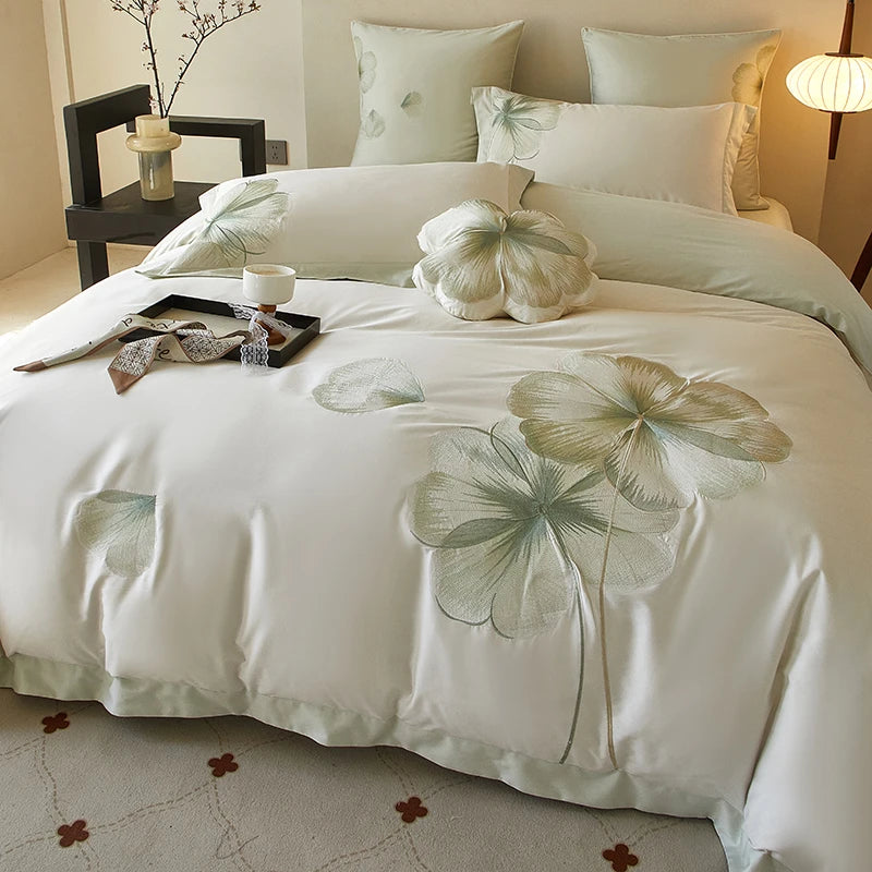 White Floral Embroidery 600TC Cotton Duvet Cover Set flat and fitted sheets