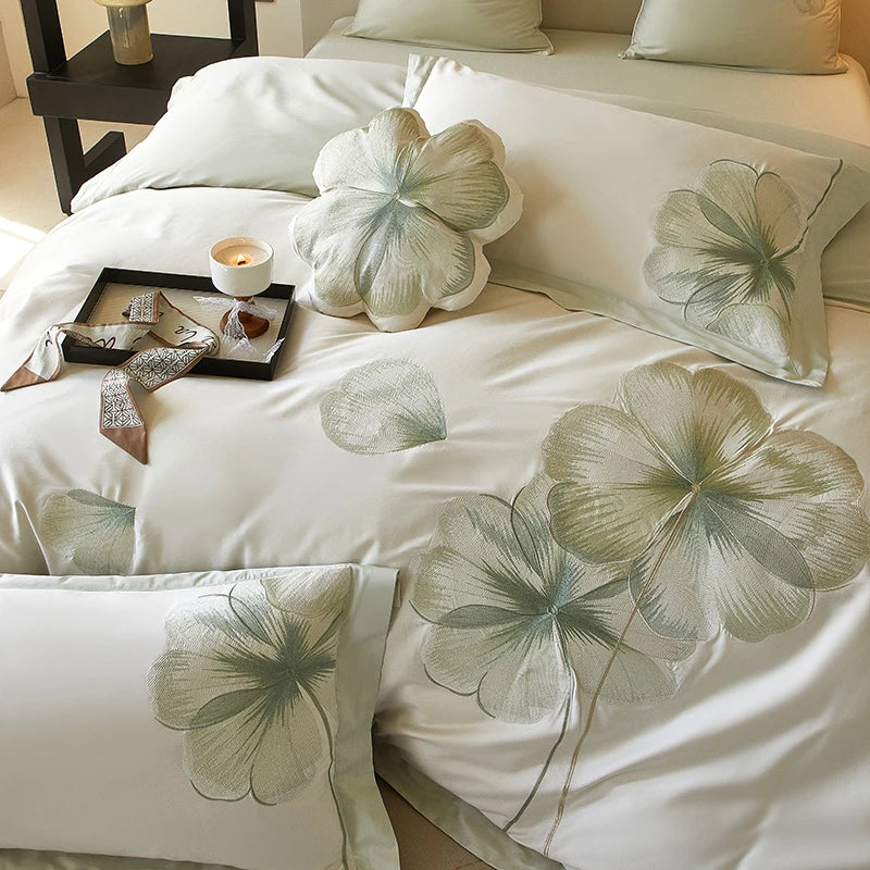 White Floral Embroidery 600TC Cotton Duvet Cover Set flat and fitted sheets, duvet cover and pillowcases