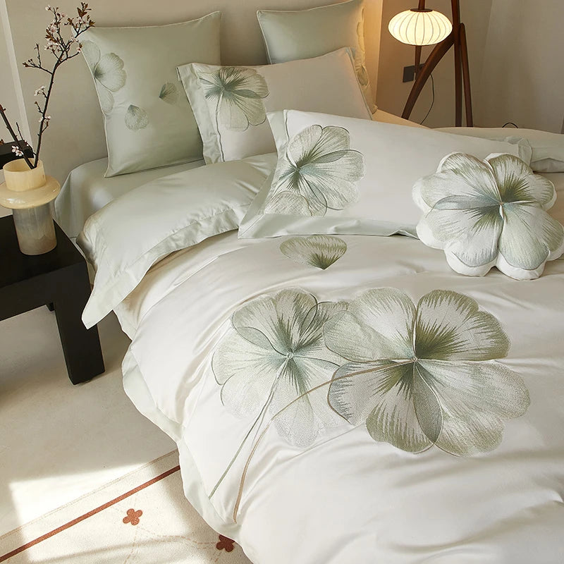 White Floral Embroidery 600TC Cotton Duvet Cover Set flat and fitted sheets, duvet cover and pillowcases bedding set