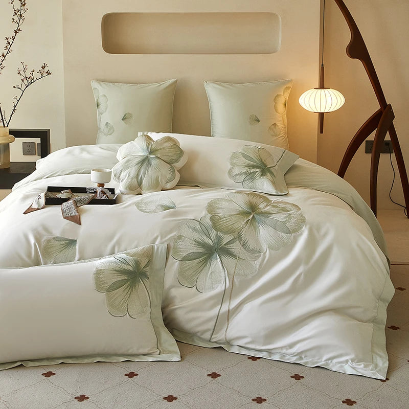 White Floral Embroidery 600TC Cotton Duvet Cover Set in King, Queen and Double size bedding set