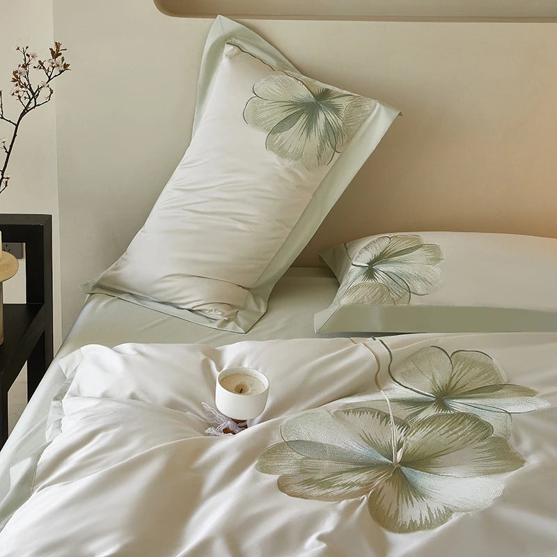 White Floral Embroidery 600TC Cotton Duvet Cover Set includes embroidered pillowcases