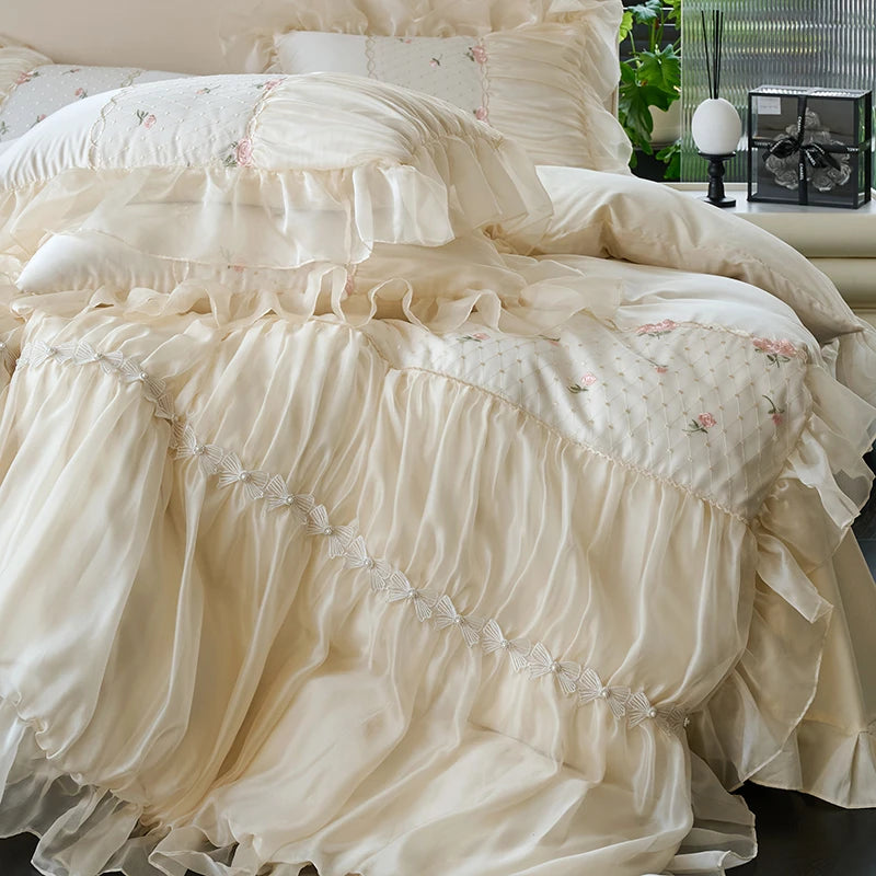 White Princess Style Lace Ruffle Cotton Bedding set with Bed skirt, duvet cover and pillowcases