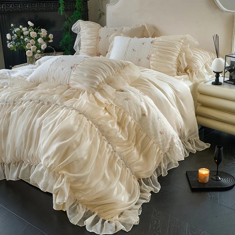 White Princess Style Lace Ruffle Cotton Duvet Cover Bedding Set
