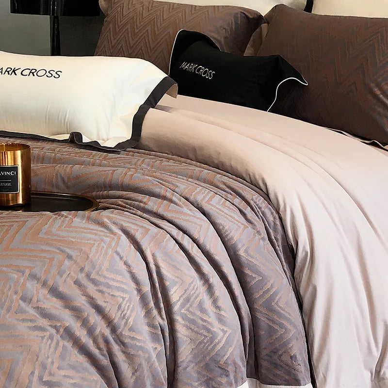 Zig Zag pattern Brown and beige Luxury Ripple Velvet Fluffy Duvet Cover Bedding Set 4Pcs
