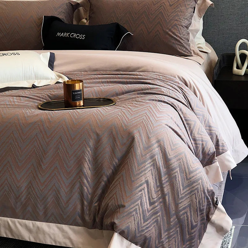 Zig Zag pattern Brown and beige Luxury Ripple Velvet Fluffy Duvet Cover Bedding Set including sheets, duvet cover and pillowcases 